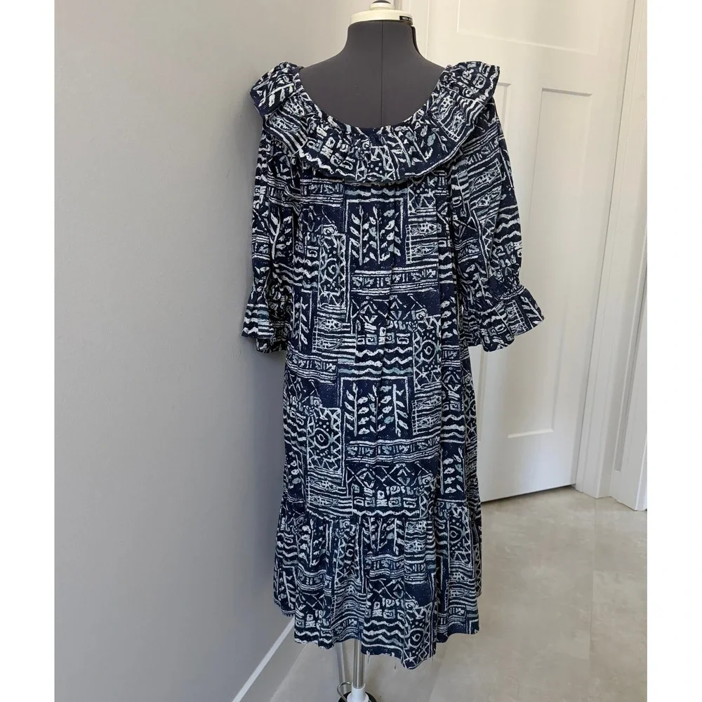 Hilo Hattie Vintage Made‎ in Hawaii Muumuu Dress Blue Tribal Ruffle Midi L NICE
